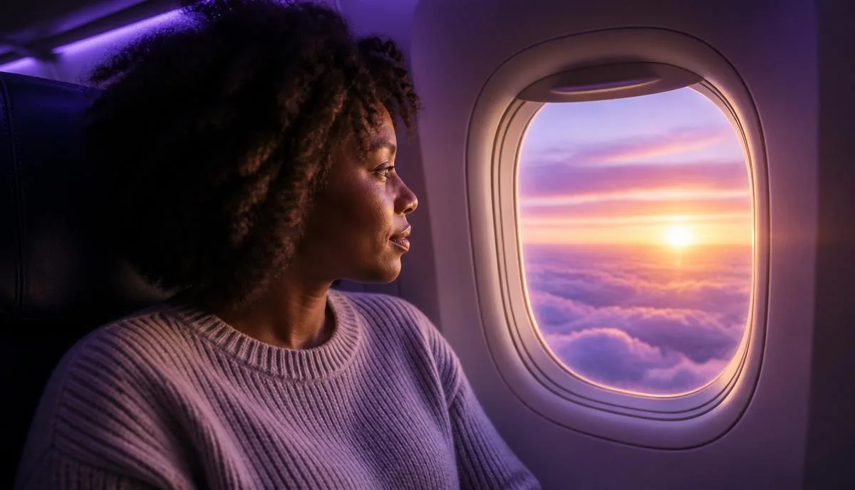 Líder observando o horizonte pela janela do avião